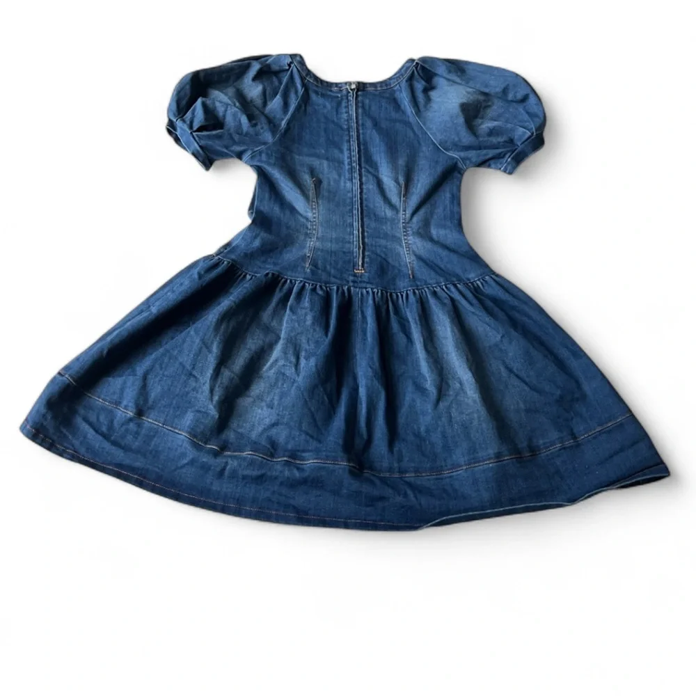 Habitual Kids Puff Sleeve Drop Waist Pleat Fit Flare Stretch Denim Midi Dress 12
